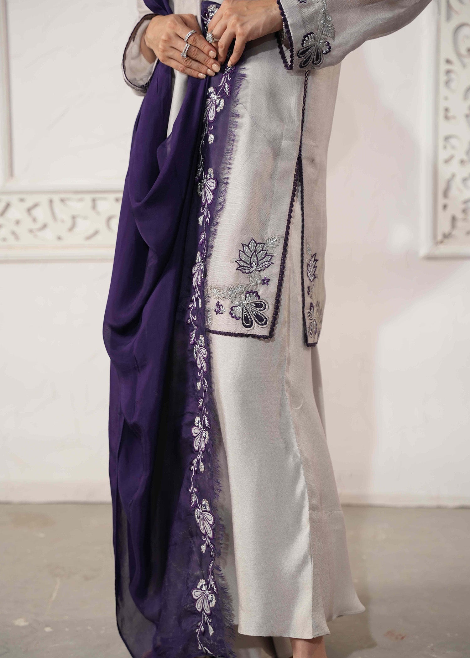 Pakistani Cool Grey Appliqued Embroidered Silk Salwar Kameez (3-Piece) - Image 7