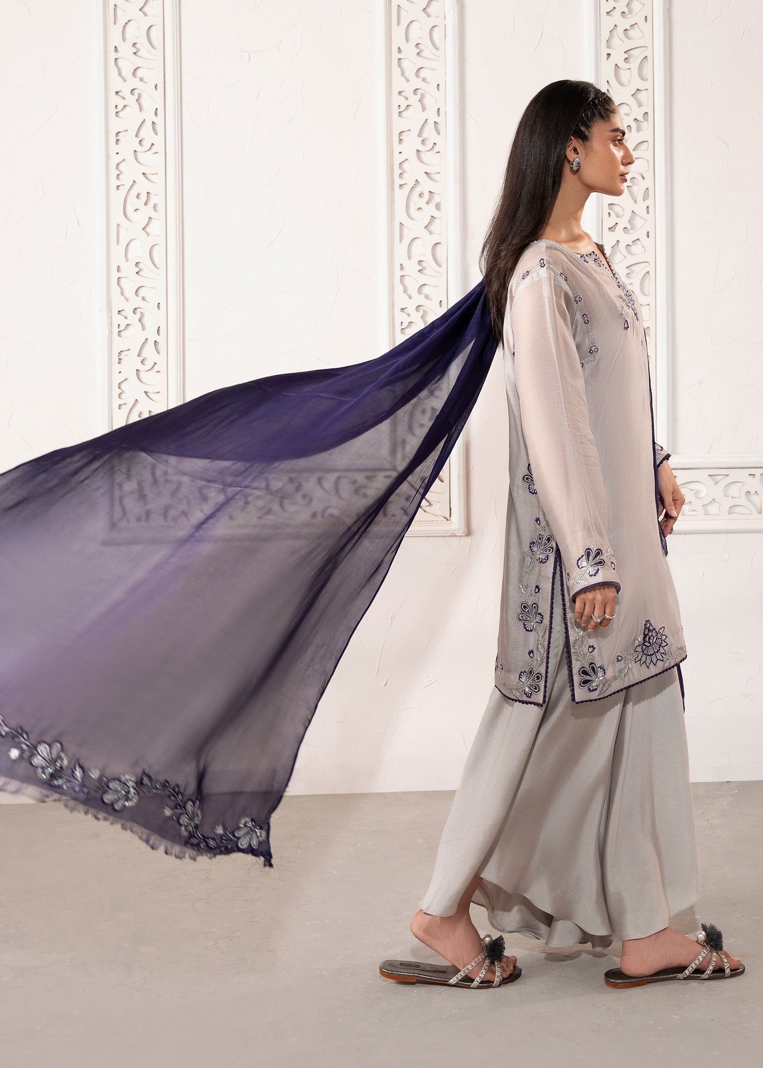 Pakistani Cool Grey Appliqued Embroidered Silk Salwar Kameez (3-Piece) - Image 8