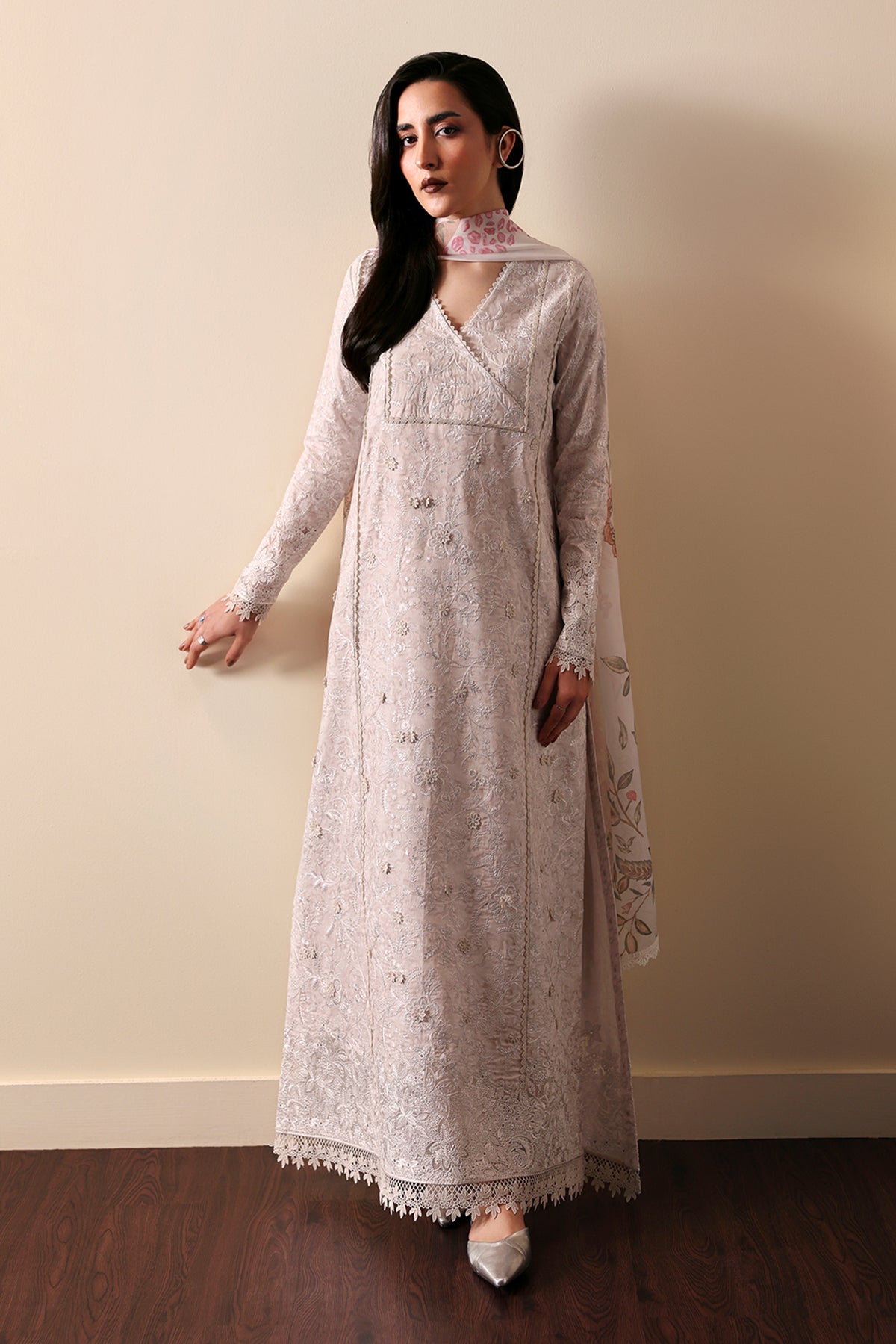 Grey Embroidered Lawn & Organza Salwar Kameez (3-Piece) - Image 1
