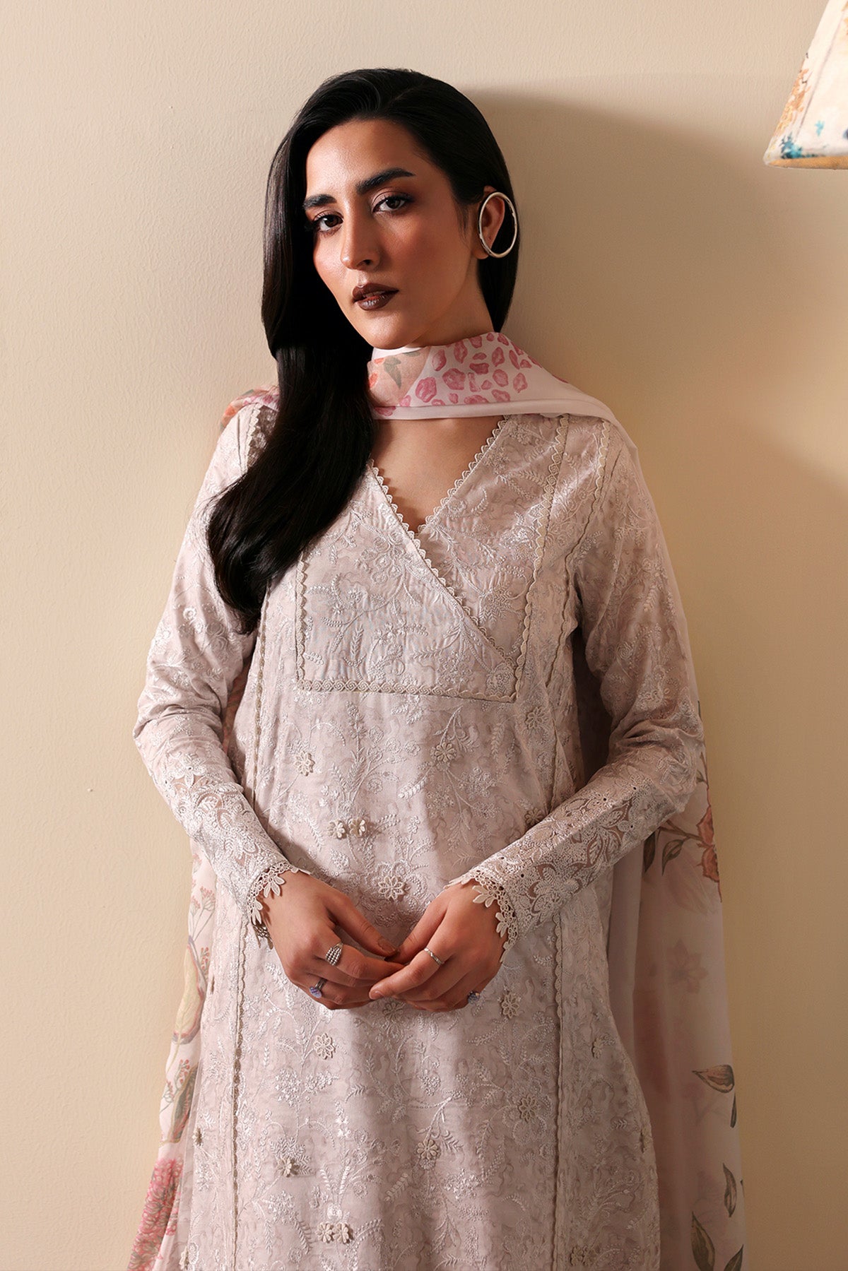 Grey Embroidered Lawn & Organza Salwar Kameez (3-Piece) - Image 2