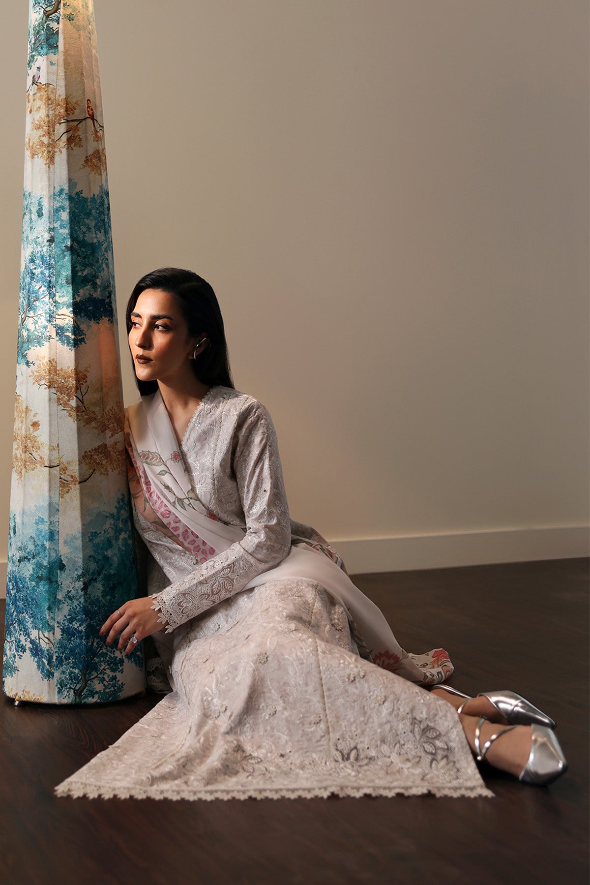 Grey Embroidered Lawn & Organza Salwar Kameez (3-Piece) - Image 4