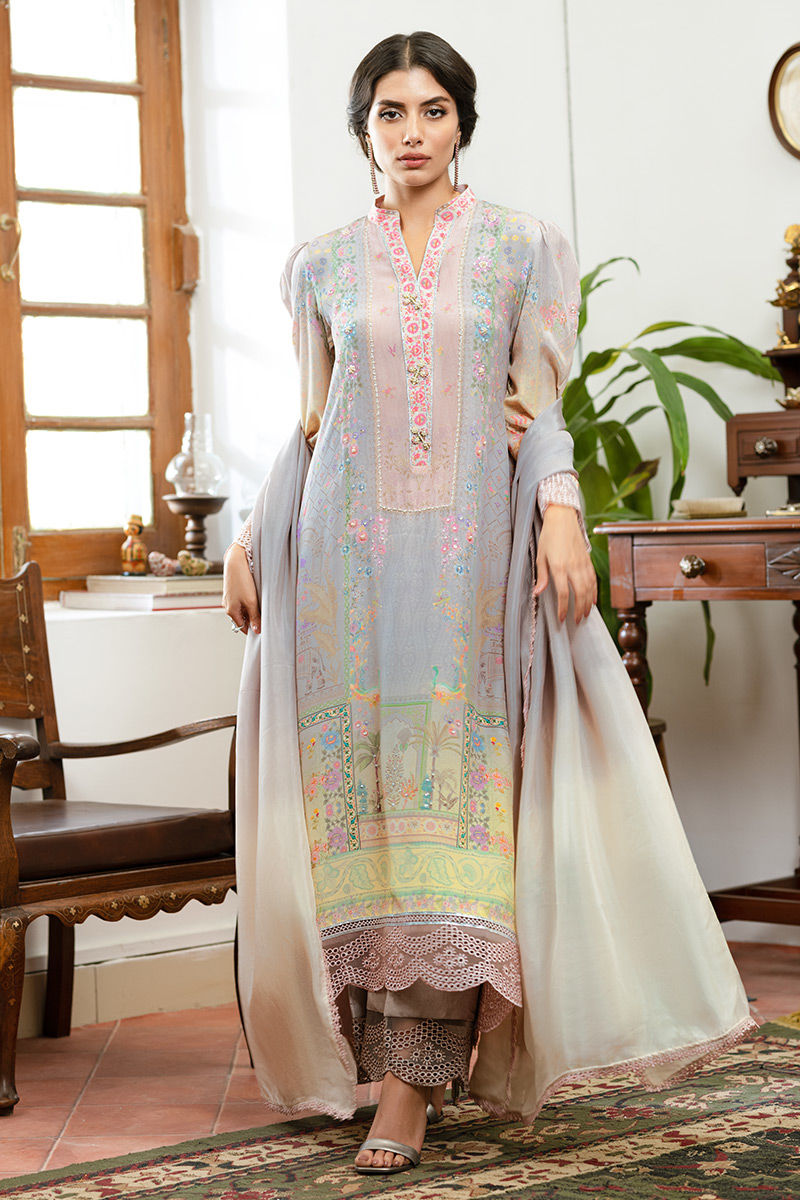 Pakistani Taupe Grey Digital Printed Lawn Salwar Kameez (3-Piece) - Image 1