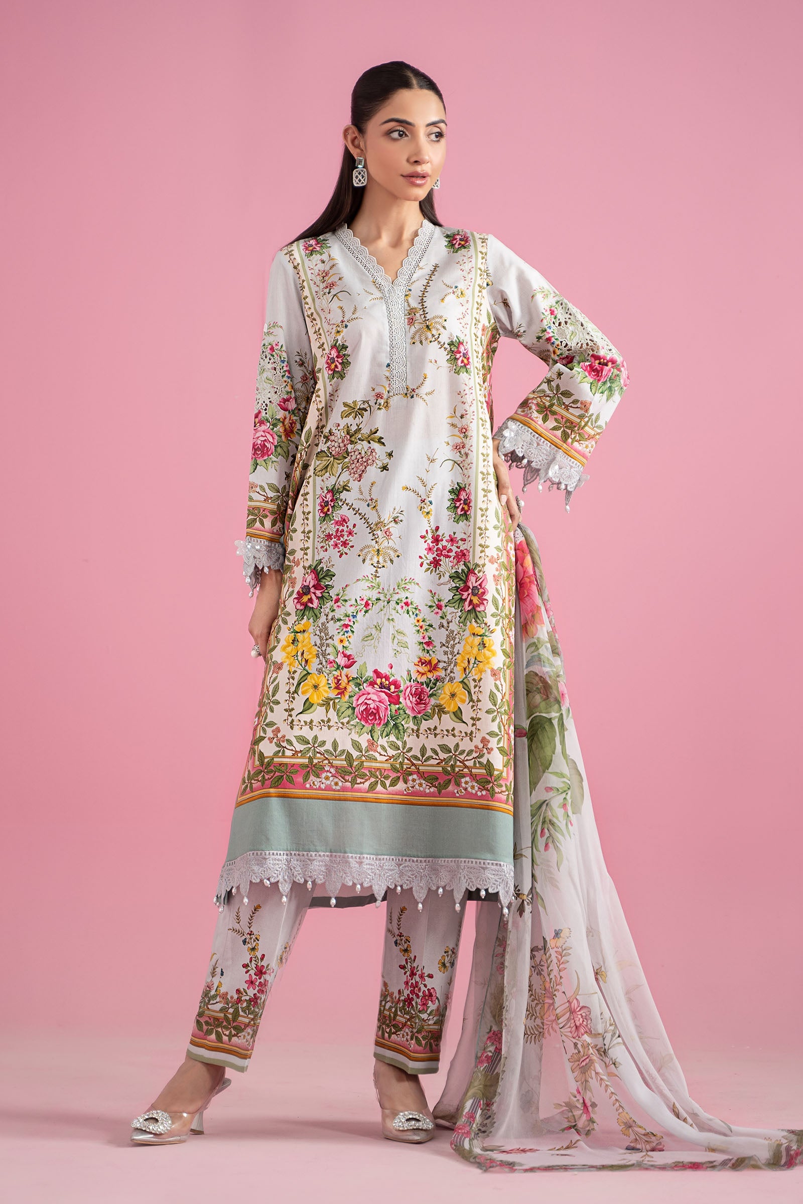 Pakistani Grey & Teal Embroidered Lawn 3-Piece Suit - Image 1