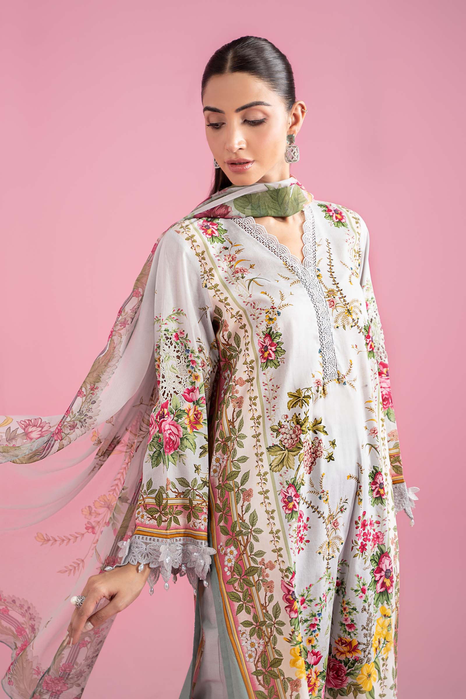 Pakistani Grey & Teal Embroidered Lawn 3-Piece Suit - Image 3