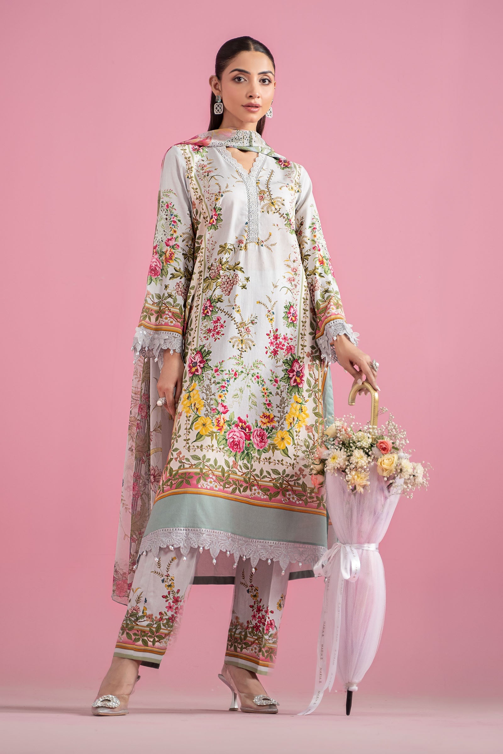 Pakistani Grey & Teal Embroidered Lawn 3-Piece Suit - Image 5