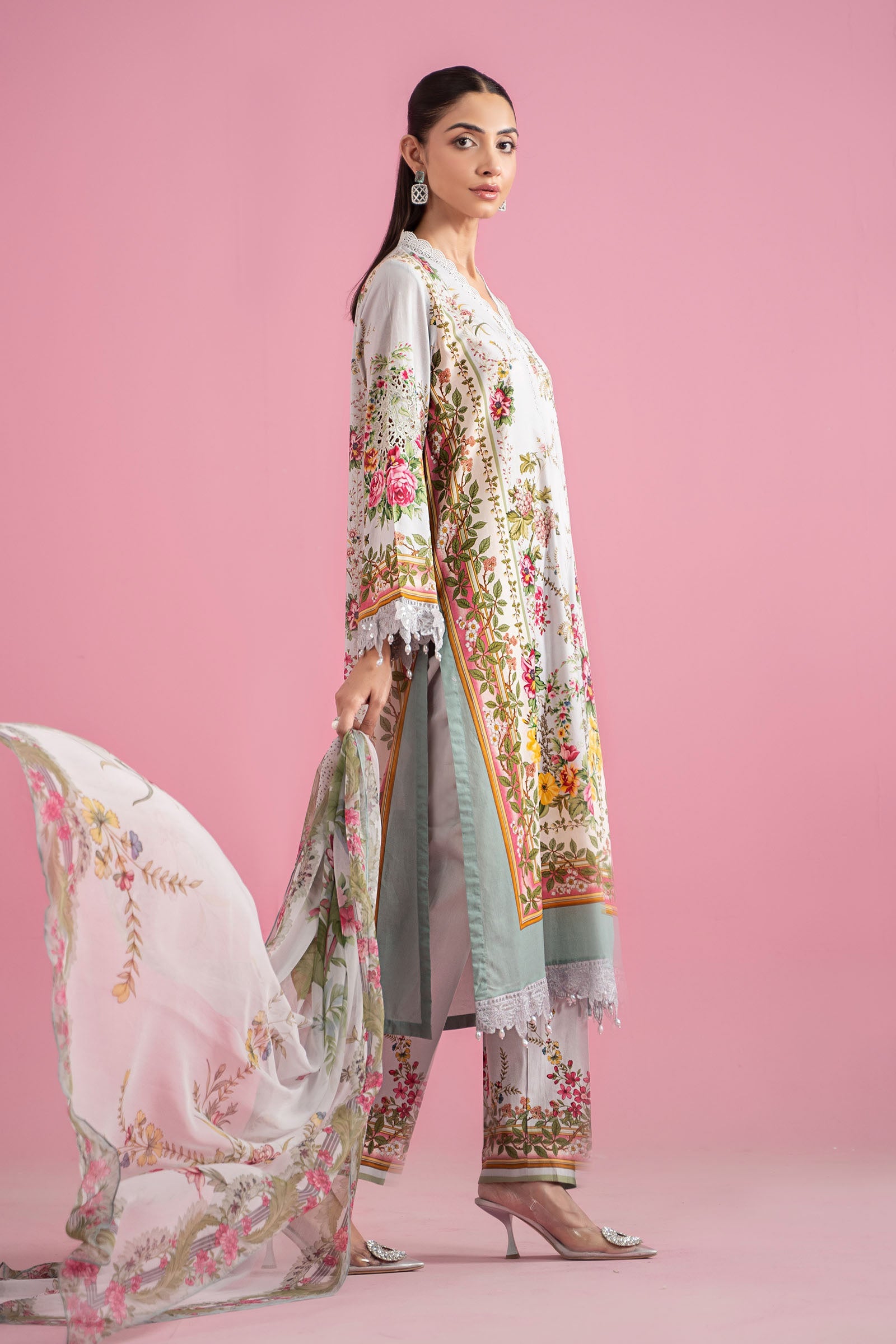 Pakistani Grey & Teal Embroidered Lawn 3-Piece Suit - Image 6