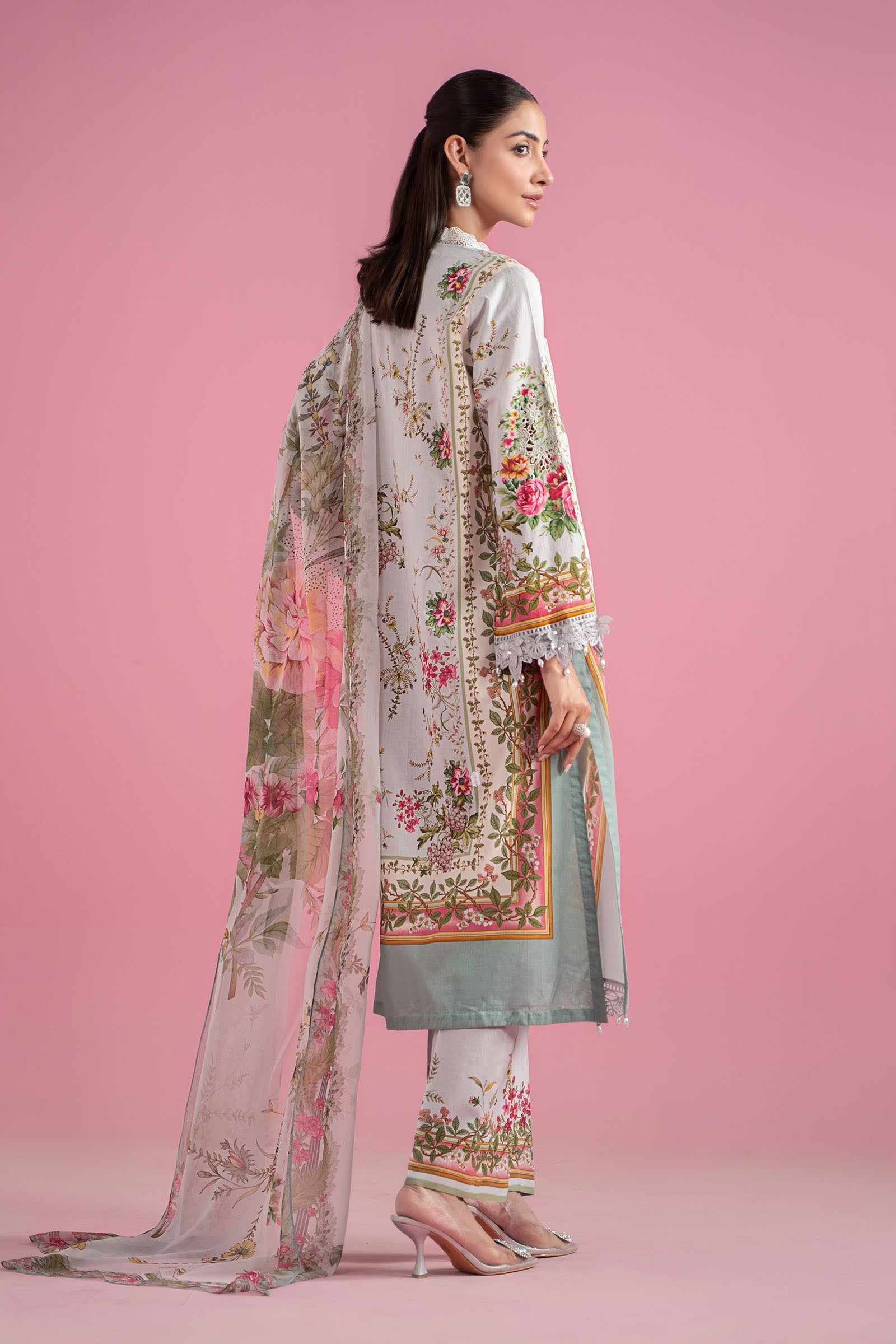 Pakistani Grey & Teal Embroidered Lawn 3-Piece Suit - Image 7