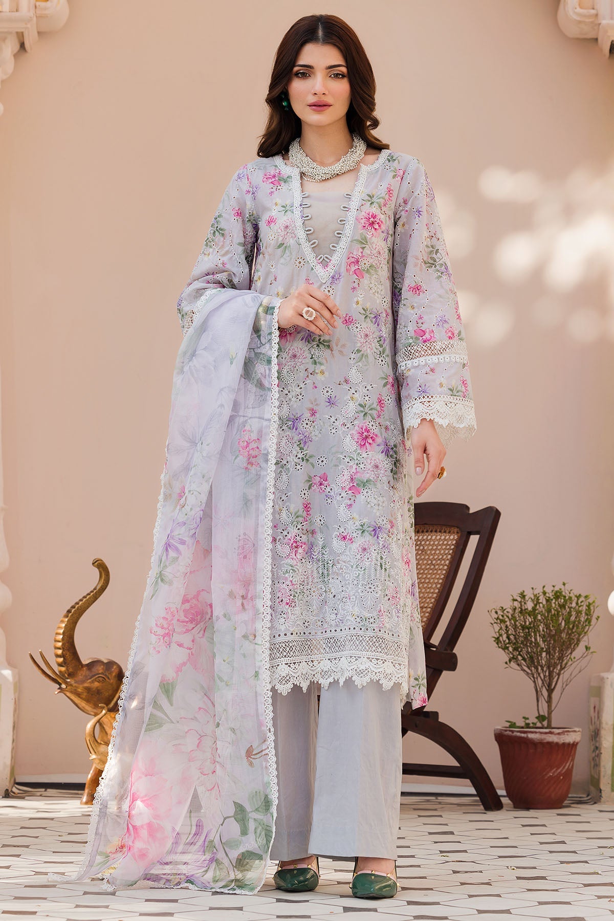 Pakistani Grey Schiffli Embroidered Lawn Salwar Kameez (3-Piece) - Image 1