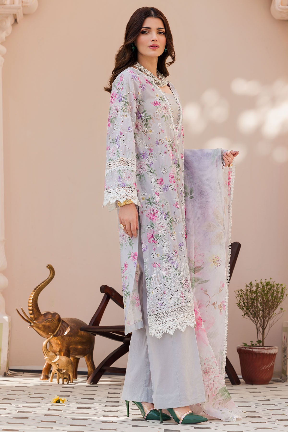 Pakistani Grey Schiffli Embroidered Lawn Salwar Kameez (3-Piece) - Image 2