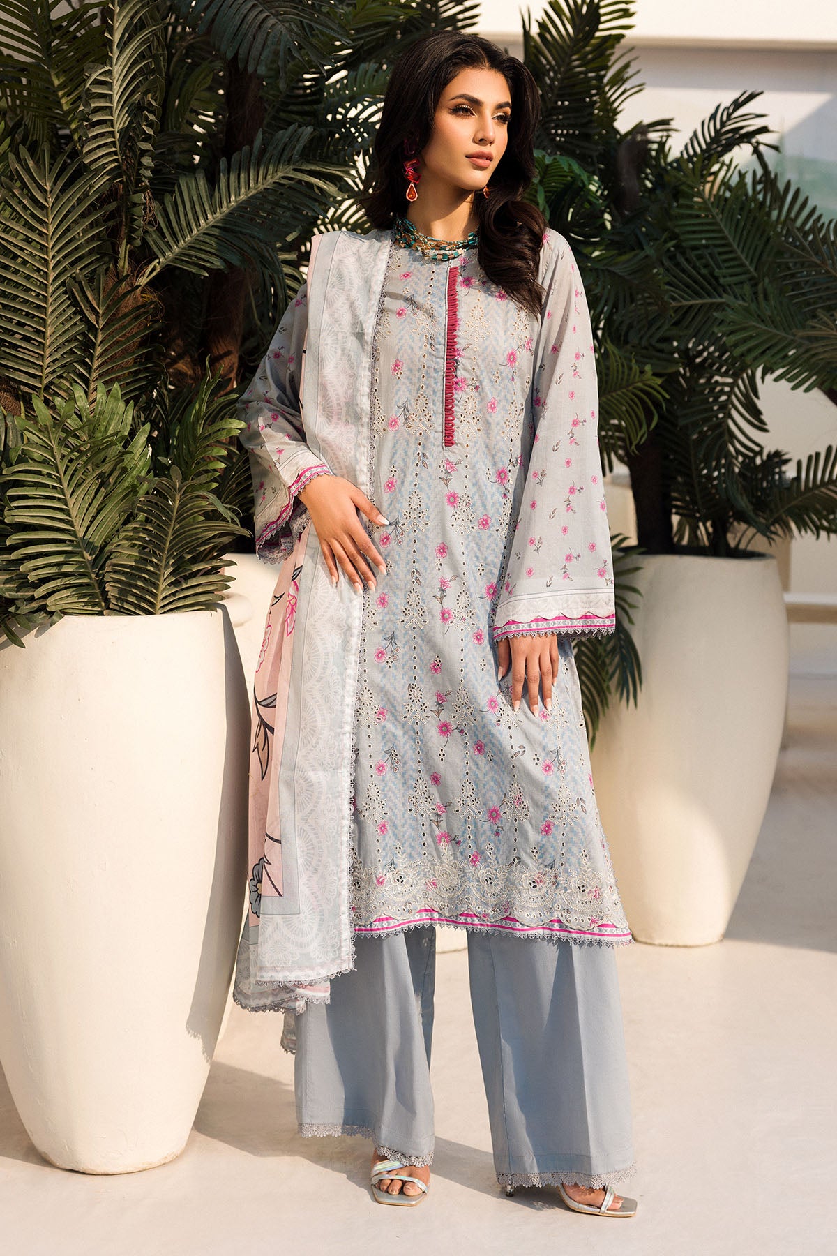 Grey Schiffli Embroidered Lawn Salwar Kameez (3-Piece) - Image 1