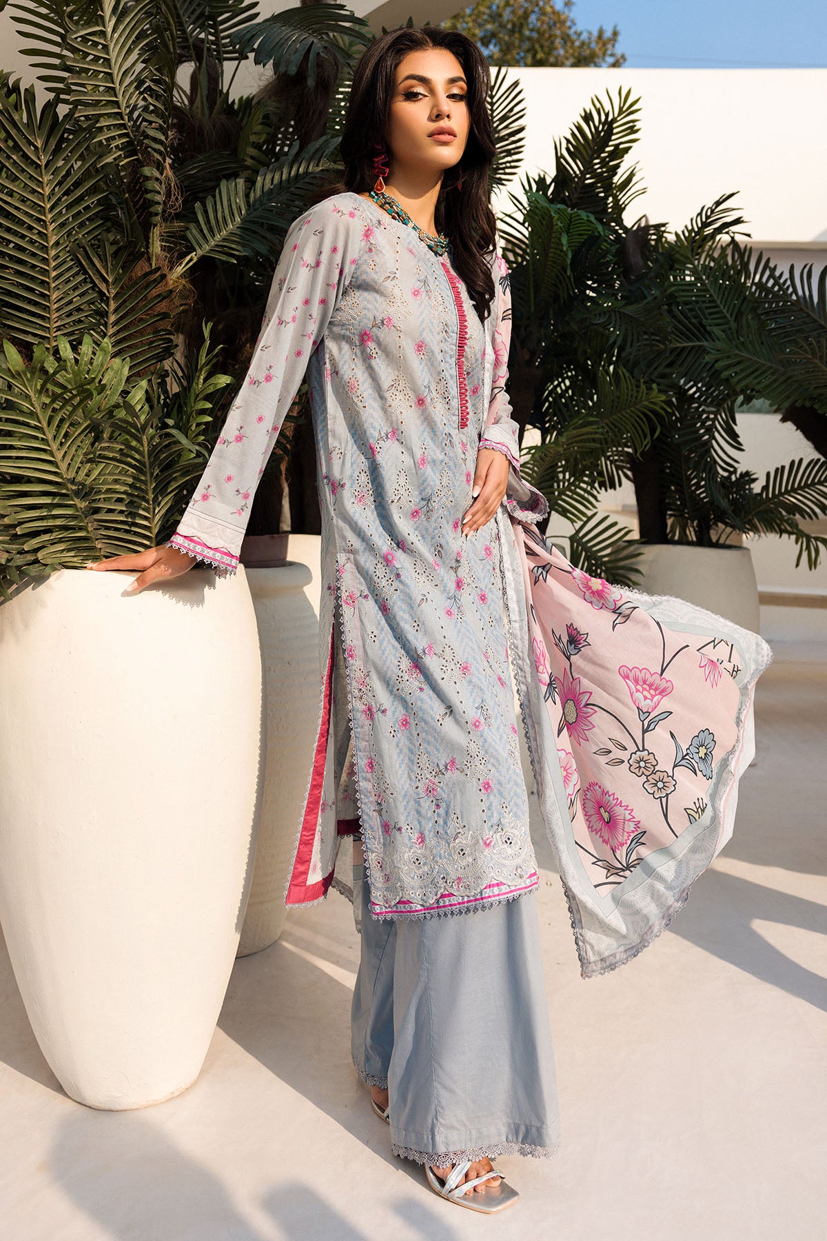 Grey Schiffli Embroidered Lawn Salwar Kameez (3-Piece) - Image 2