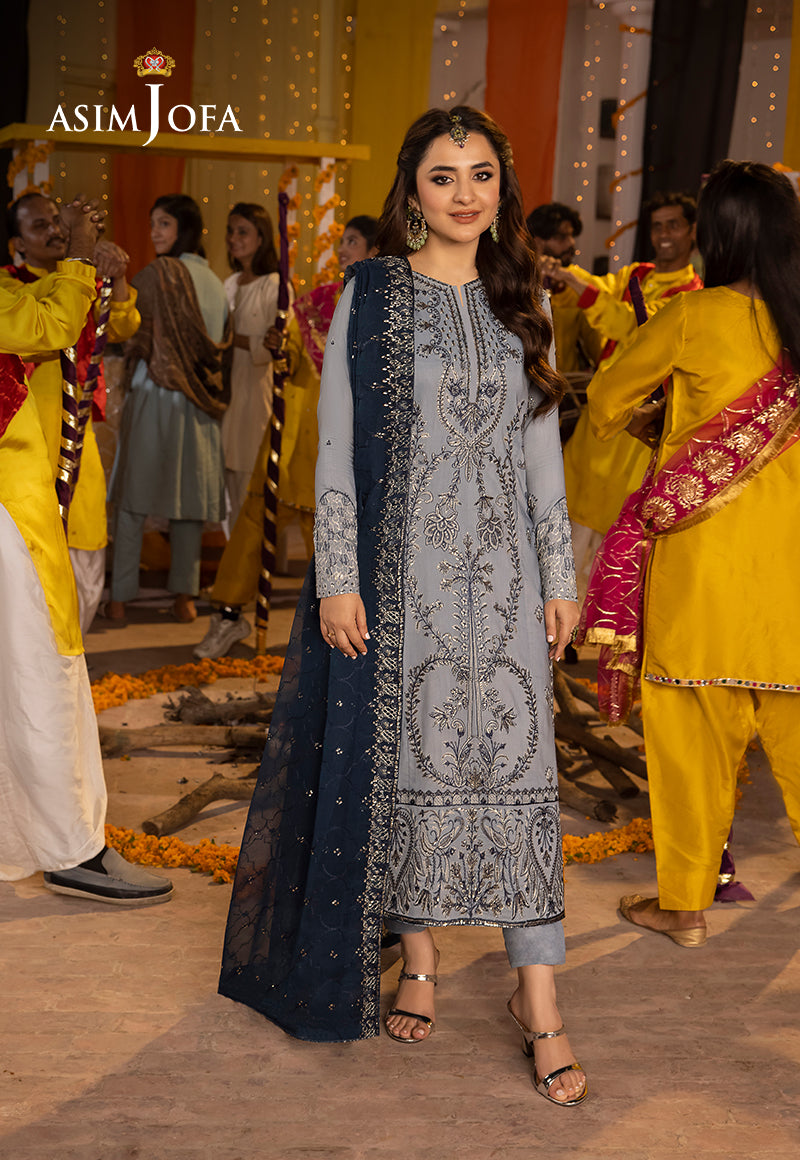 Bluish-Grey Embroidered Lawn Silk Salwar Kameez (3-Piece) - Image 1