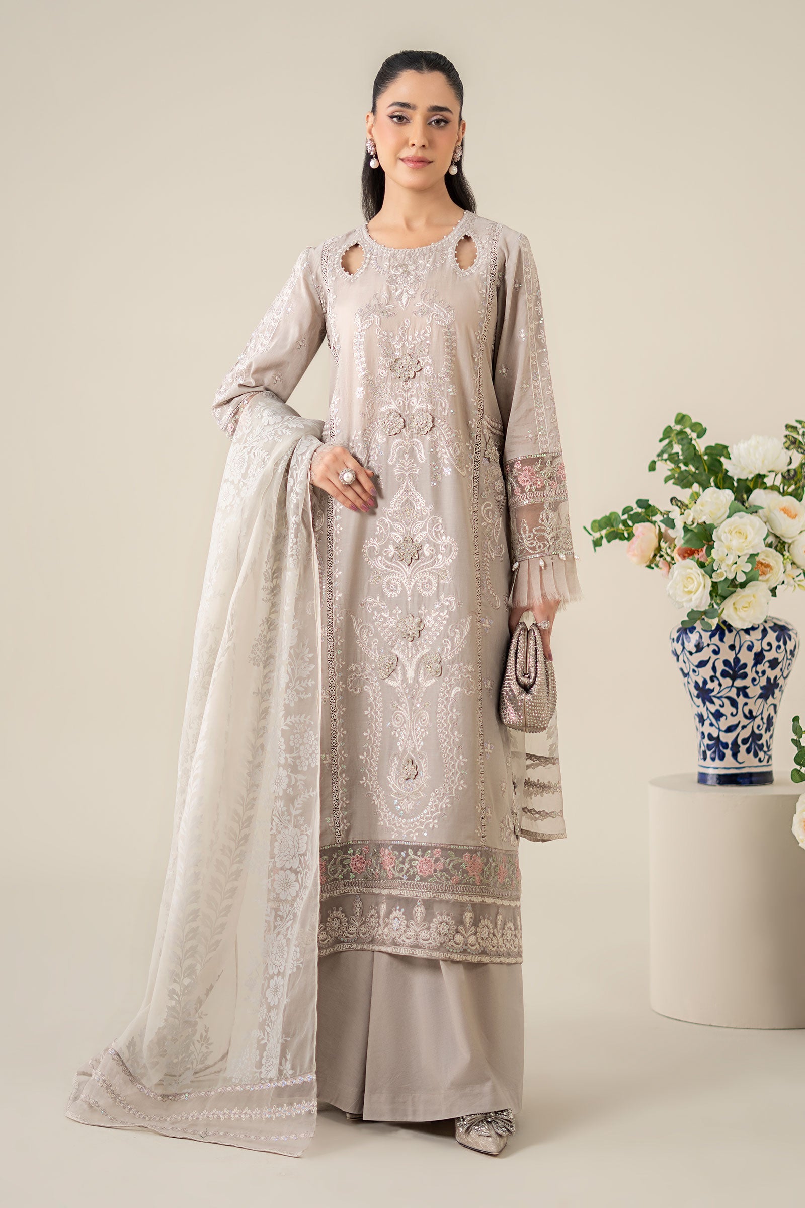 Pakistani Grey Embroidered Lawn Straight-Cut Suit (3-Piece) - Image 1