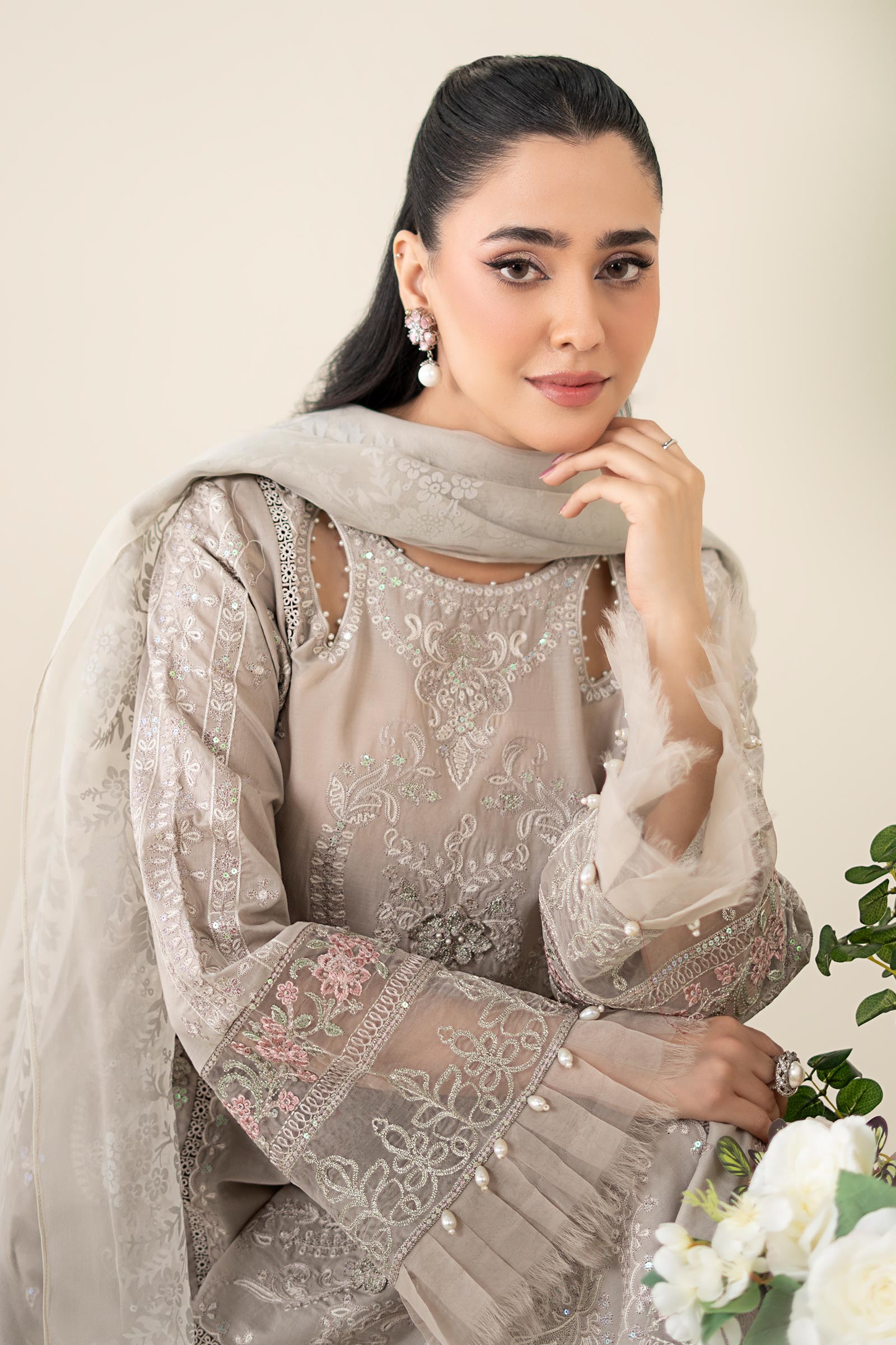 Pakistani Grey Embroidered Lawn Straight-Cut Suit (3-Piece) - Image 2