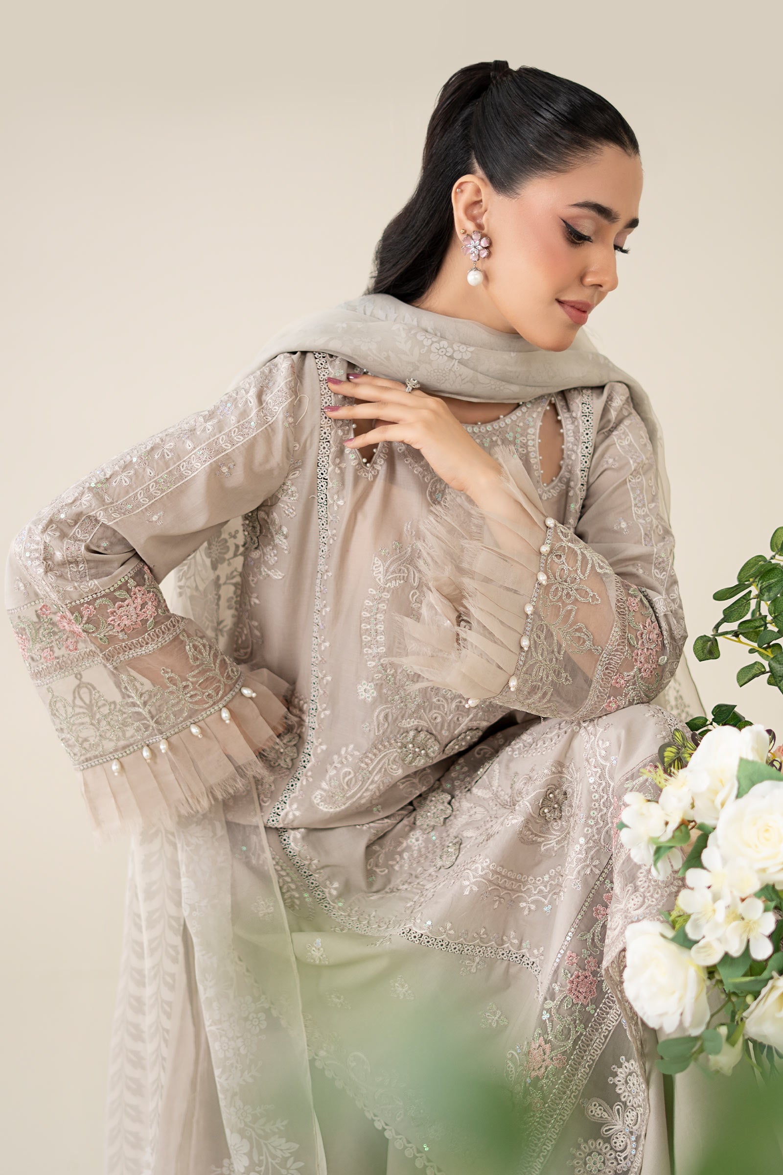 Pakistani Grey Embroidered Lawn Straight-Cut Suit (3-Piece) - Image 3