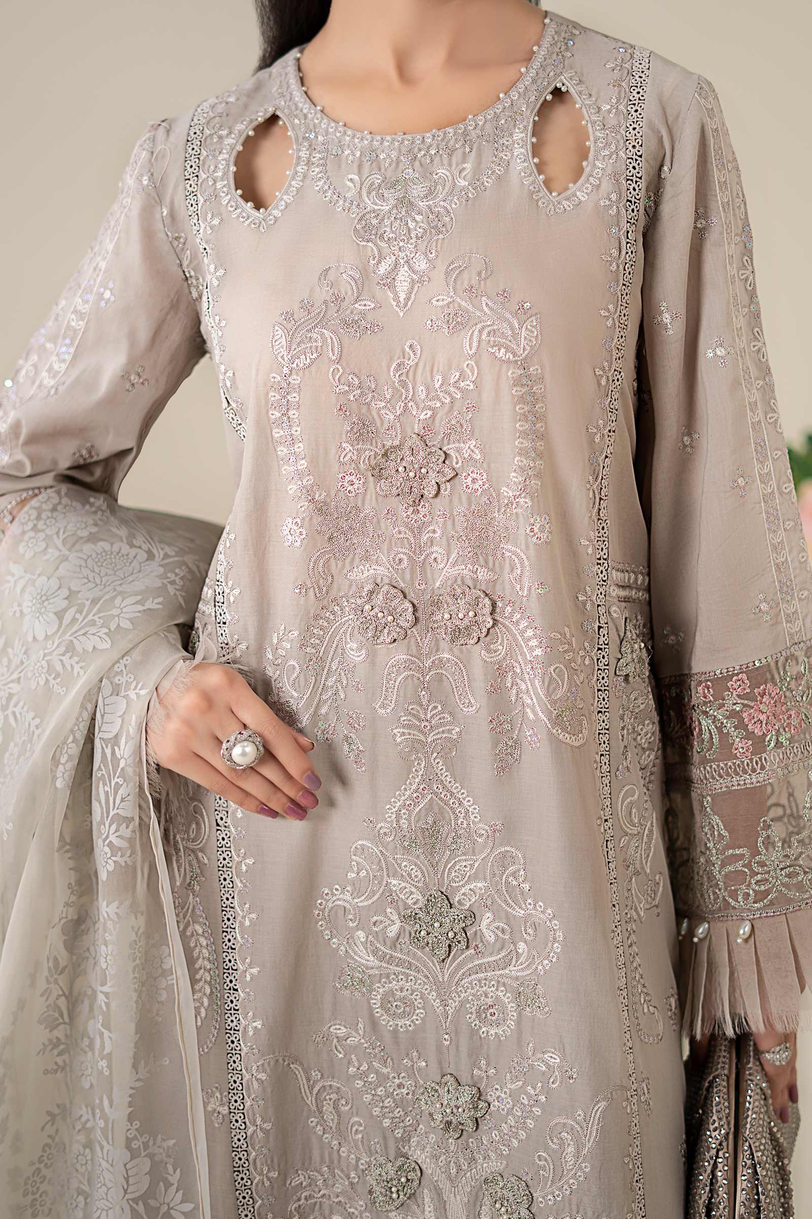 Pakistani Grey Embroidered Lawn Straight-Cut Suit (3-Piece) - Image 4