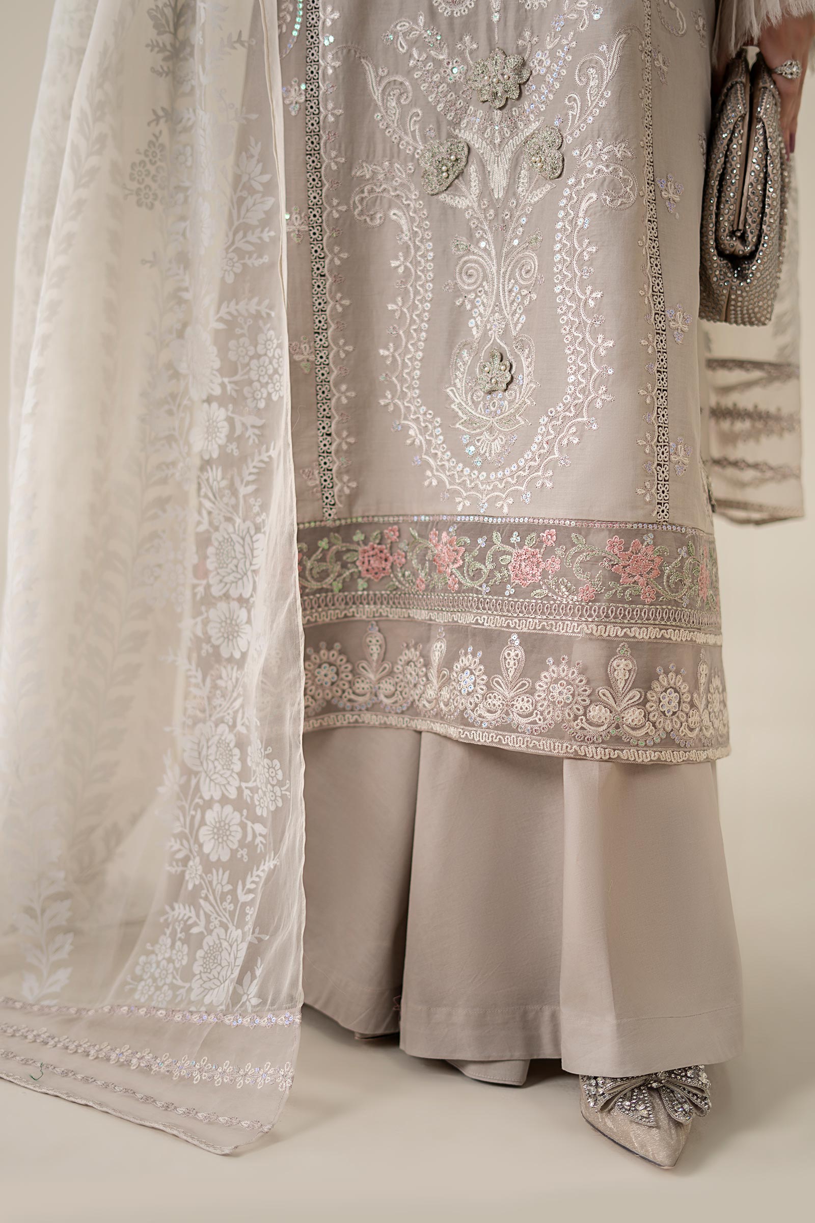Pakistani Grey Embroidered Lawn Straight-Cut Suit (3-Piece) - Image 5