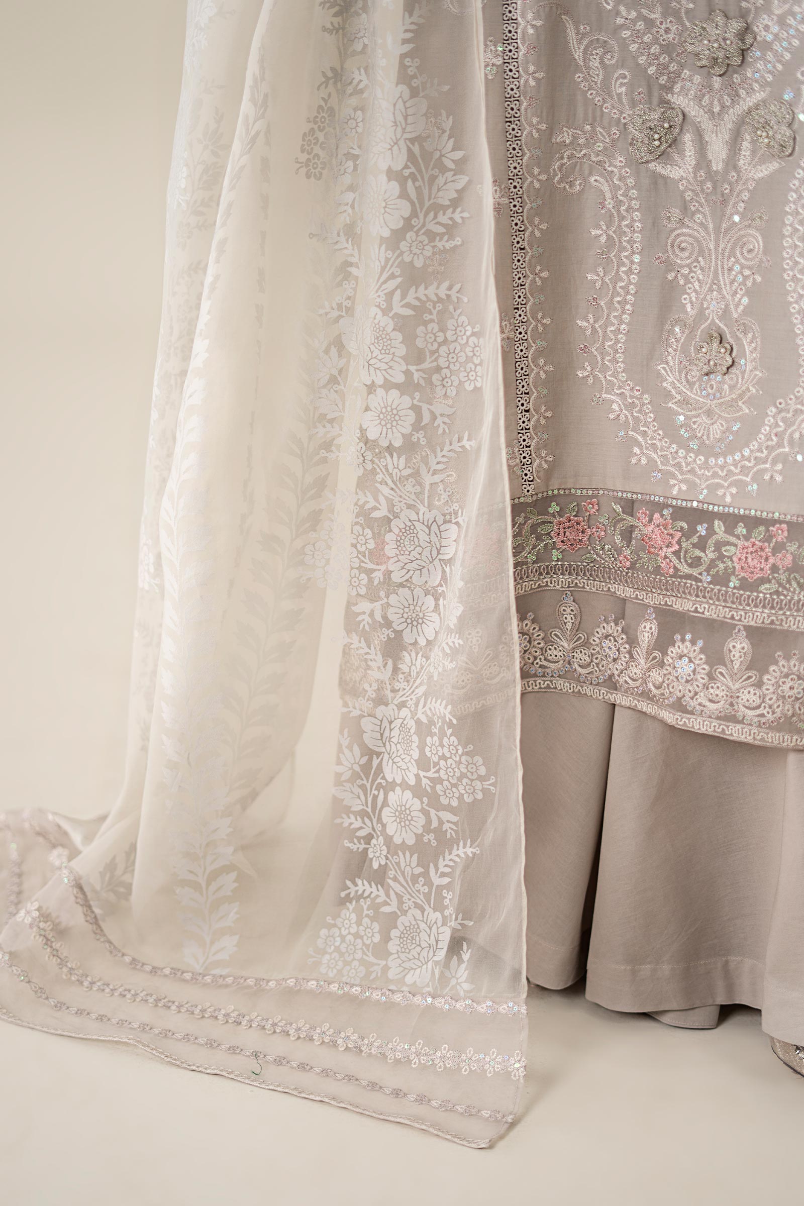 Pakistani Grey Embroidered Lawn Straight-Cut Suit (3-Piece) - Image 6