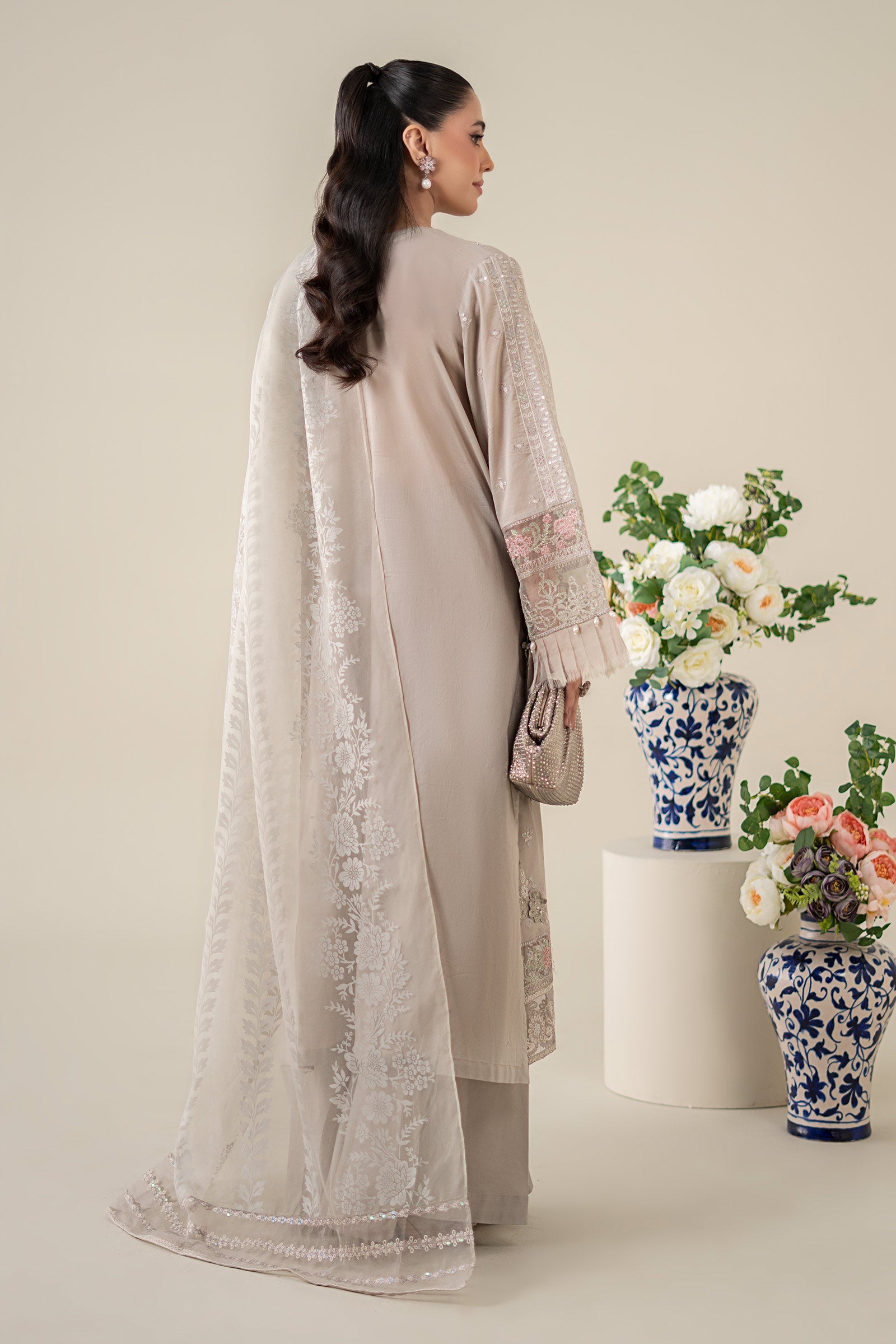 Pakistani Grey Embroidered Lawn Straight-Cut Suit (3-Piece) - Image 8