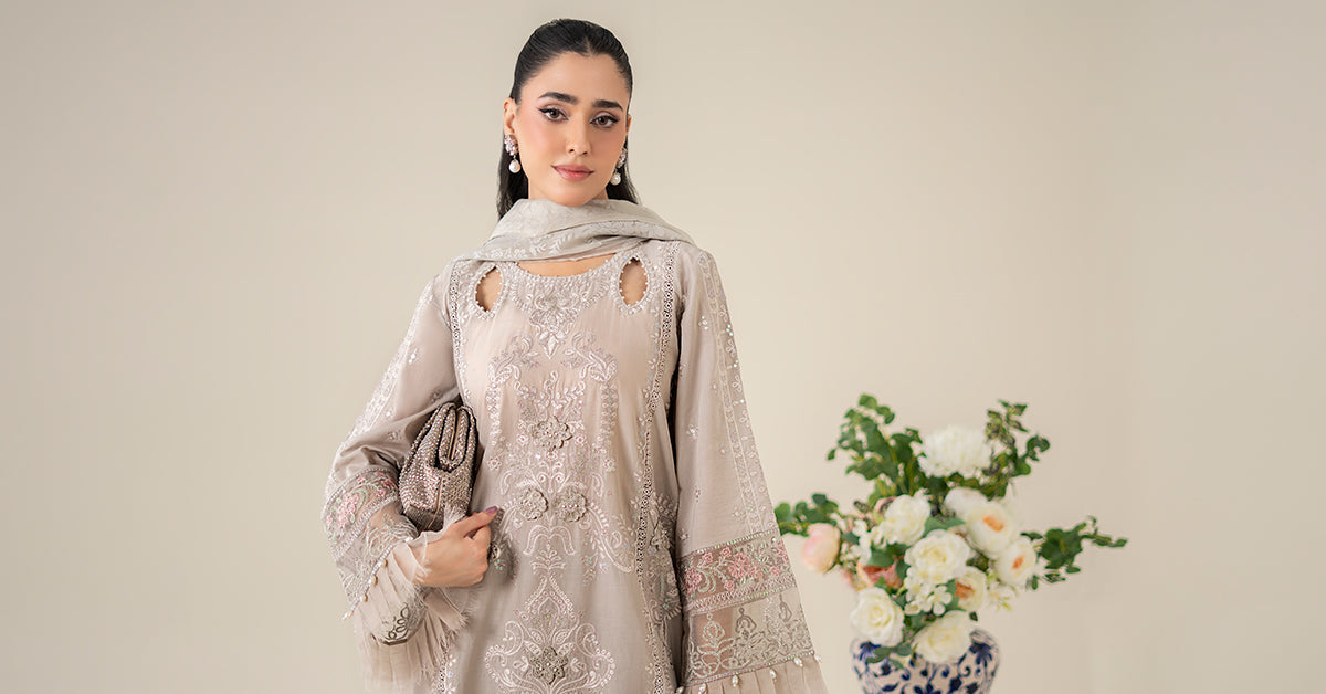 Pakistani Grey Embroidered Lawn Straight-Cut Suit (3-Piece) - Image 9