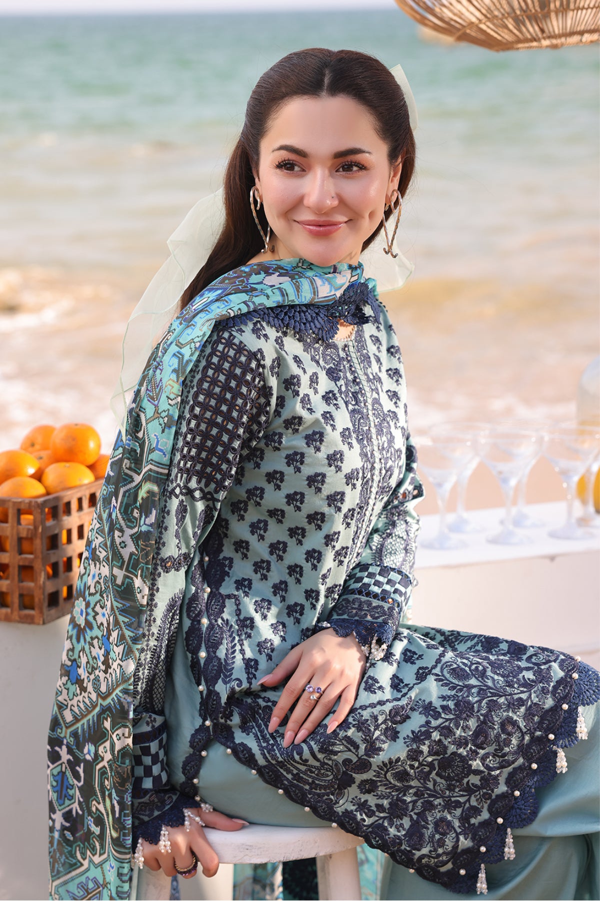 Pakistani Grey Embroidered Lawn 3-Piece Suit - Image 2