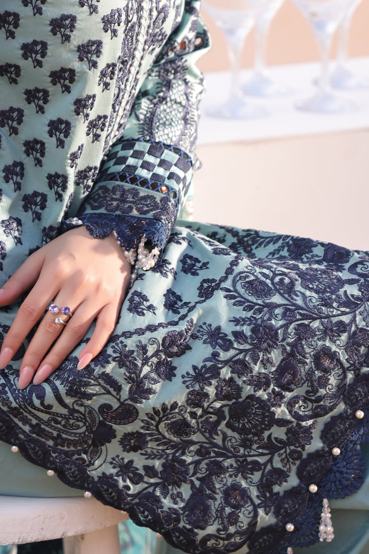 Pakistani Grey Embroidered Lawn 3-Piece Suit - Image 4