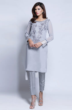 Pakistani Grey Embroidered Mesh Net Tunic (2-Piece) - Image 1