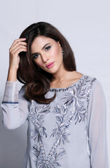 Pakistani Grey Embroidered Mesh Net Tunic (2-Piece) - Image 4
