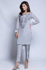 Pakistani Grey Embroidered Mesh Net Tunic (2-Piece) - Image 5