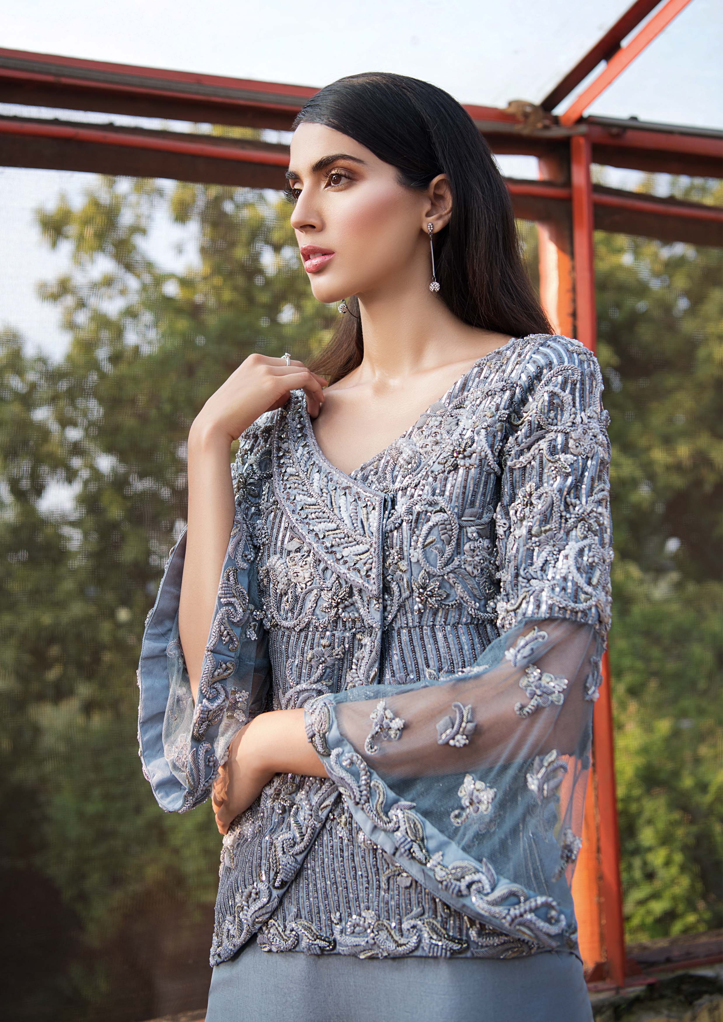 Grey Embellished Net Salwar Kameez (2-Piece) - Image 2
