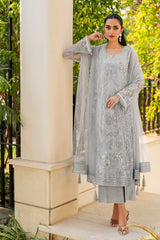 Light Grey Sequinned Net Salwar Kameez (3-Piece) - Image 4