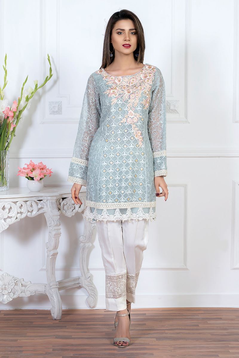 Grey Embroidered Net Kurta 3-Piece - Image 1
