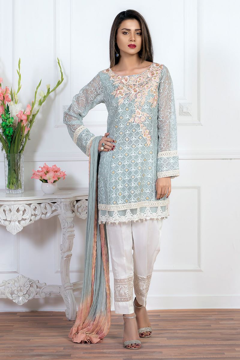 Grey Embroidered Net Kurta 3-Piece - Image 2