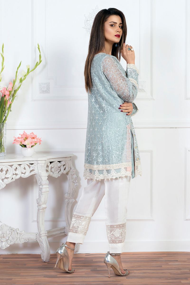 Grey Embroidered Net Kurta 3-Piece - Image 3