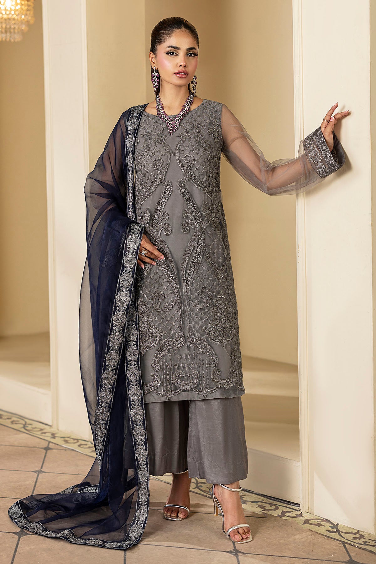 Pakistani Slate Grey Embroidered Net Salwar Kameez (3-Piece) - Image 1