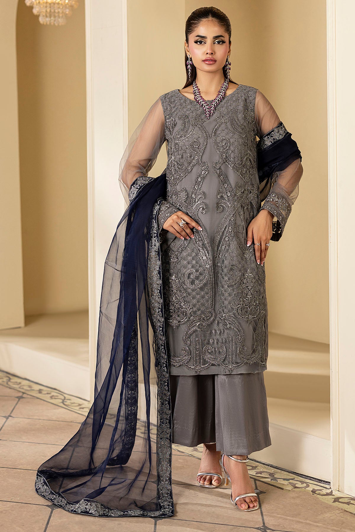 Pakistani Slate Grey Embroidered Net Salwar Kameez (3-Piece) - Image 2