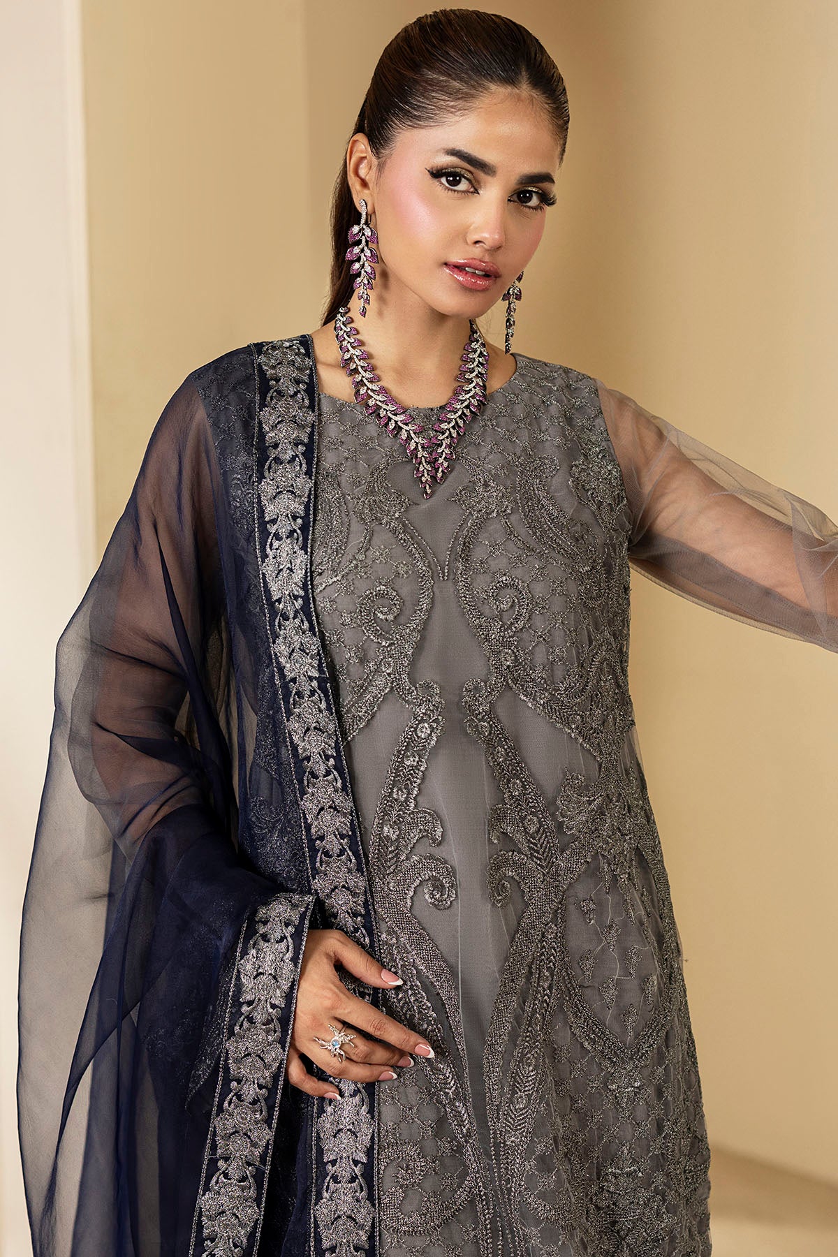 Pakistani Slate Grey Embroidered Net Salwar Kameez (3-Piece) - Image 3