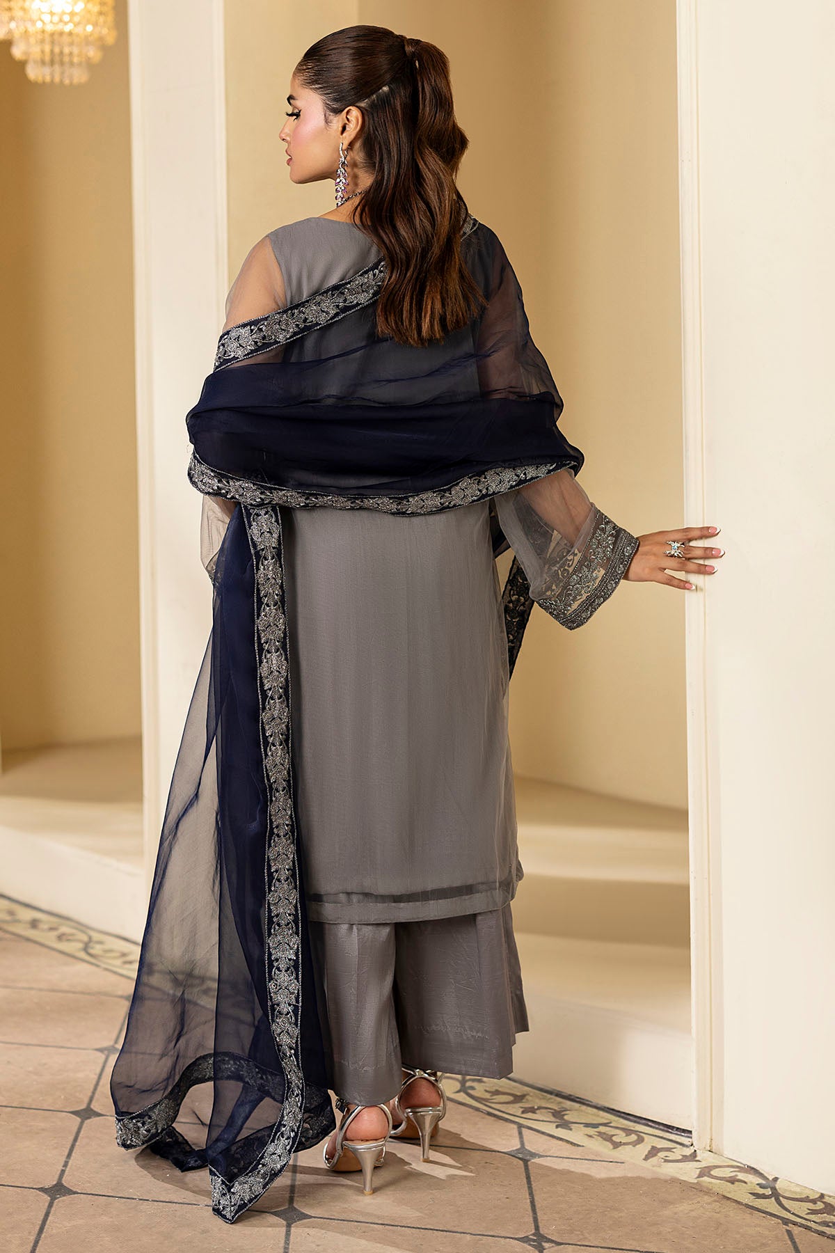 Pakistani Slate Grey Embroidered Net Salwar Kameez (3-Piece) - Image 5