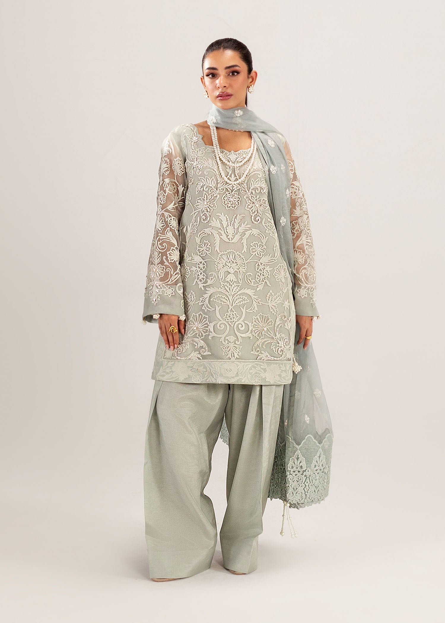Sage Grey Embroidered Organza Kurta Set (3-Piece) - Image 1