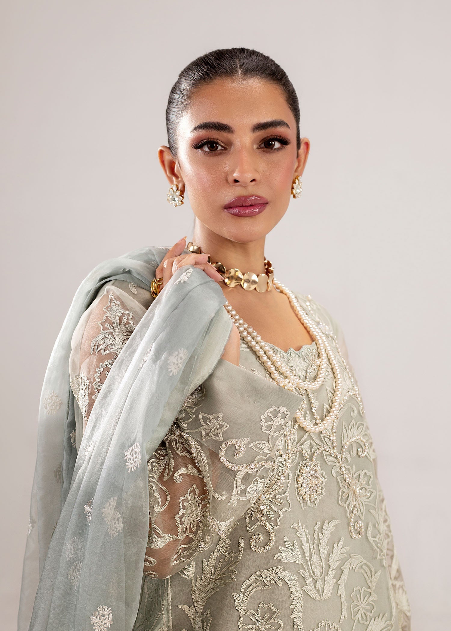 Sage Grey Embroidered Organza Kurta Set (3-Piece) - Image 2