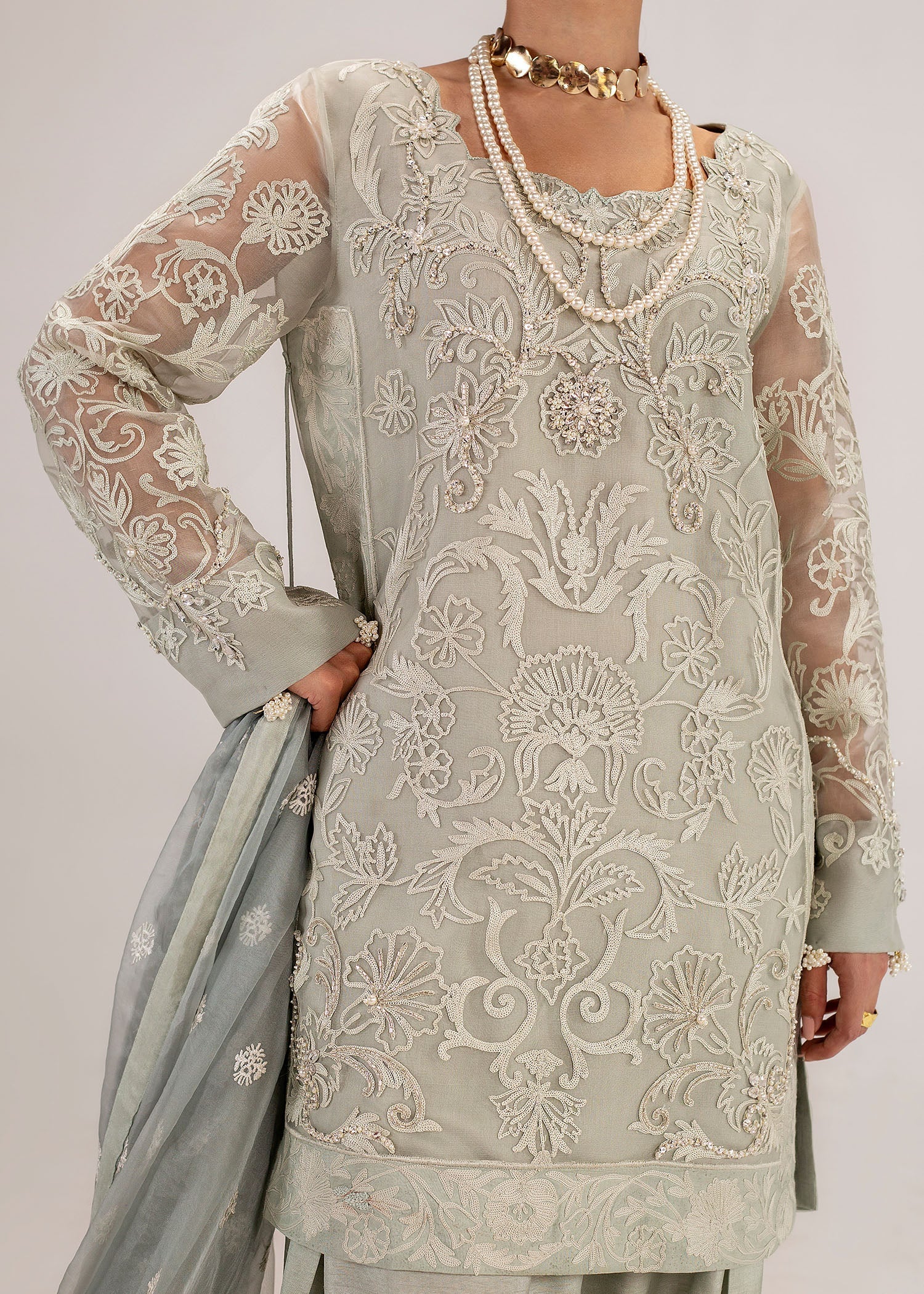 Sage Grey Embroidered Organza Kurta Set (3-Piece) - Image 4