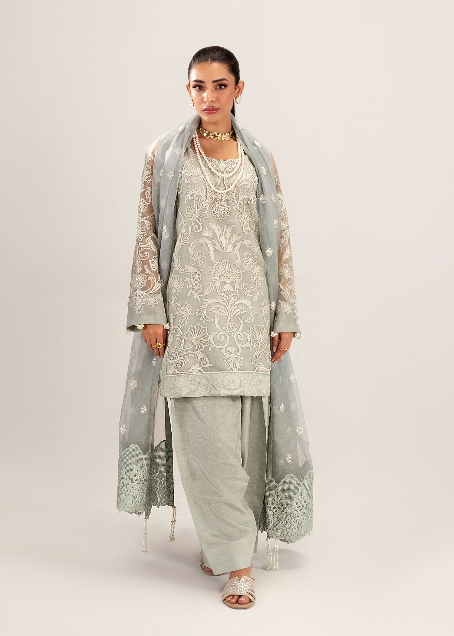 Sage Grey Embroidered Organza Kurta Set (3-Piece) - Image 5