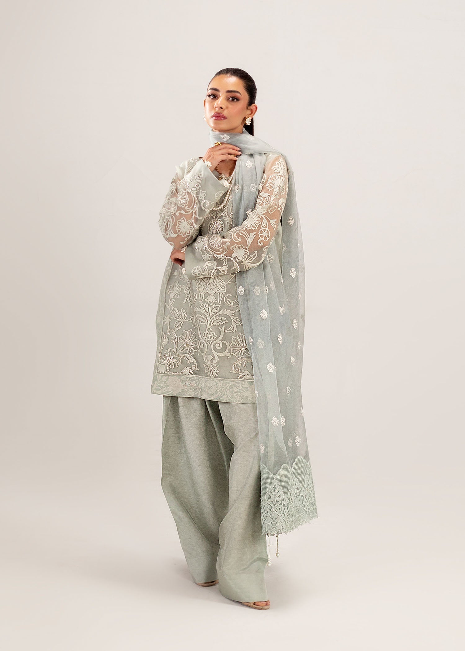Sage Grey Embroidered Organza Kurta Set (3-Piece) - Image 6