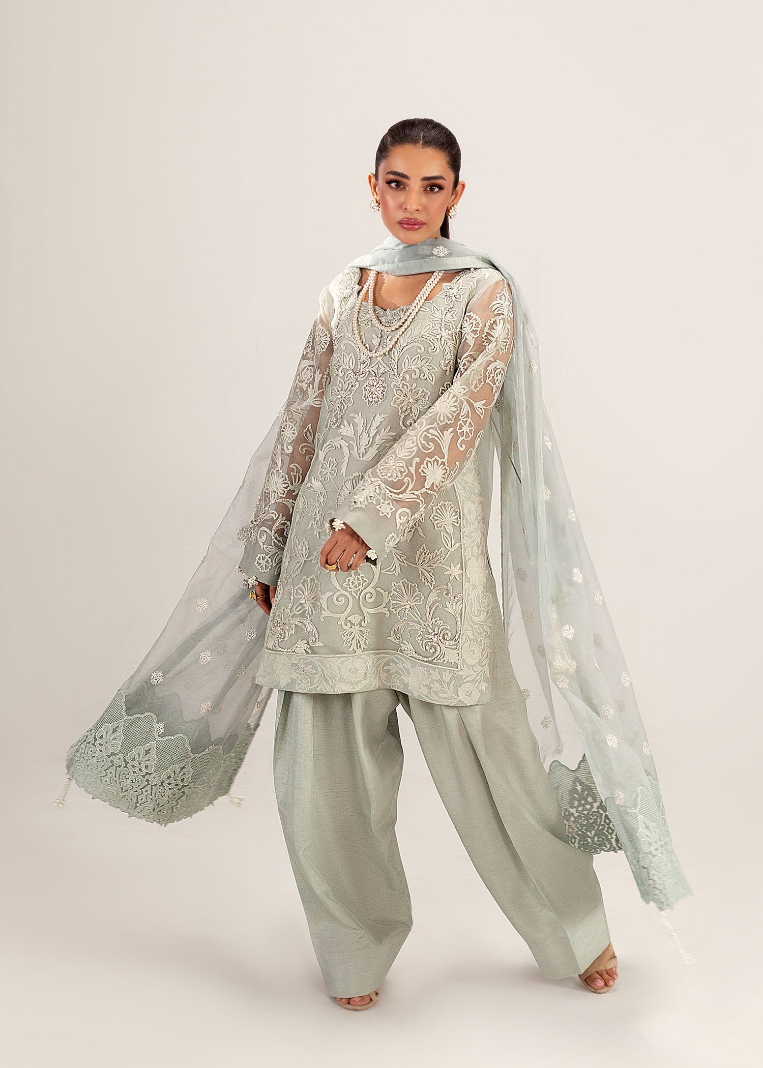 Sage Grey Embroidered Organza Kurta Set (3-Piece) - Image 7