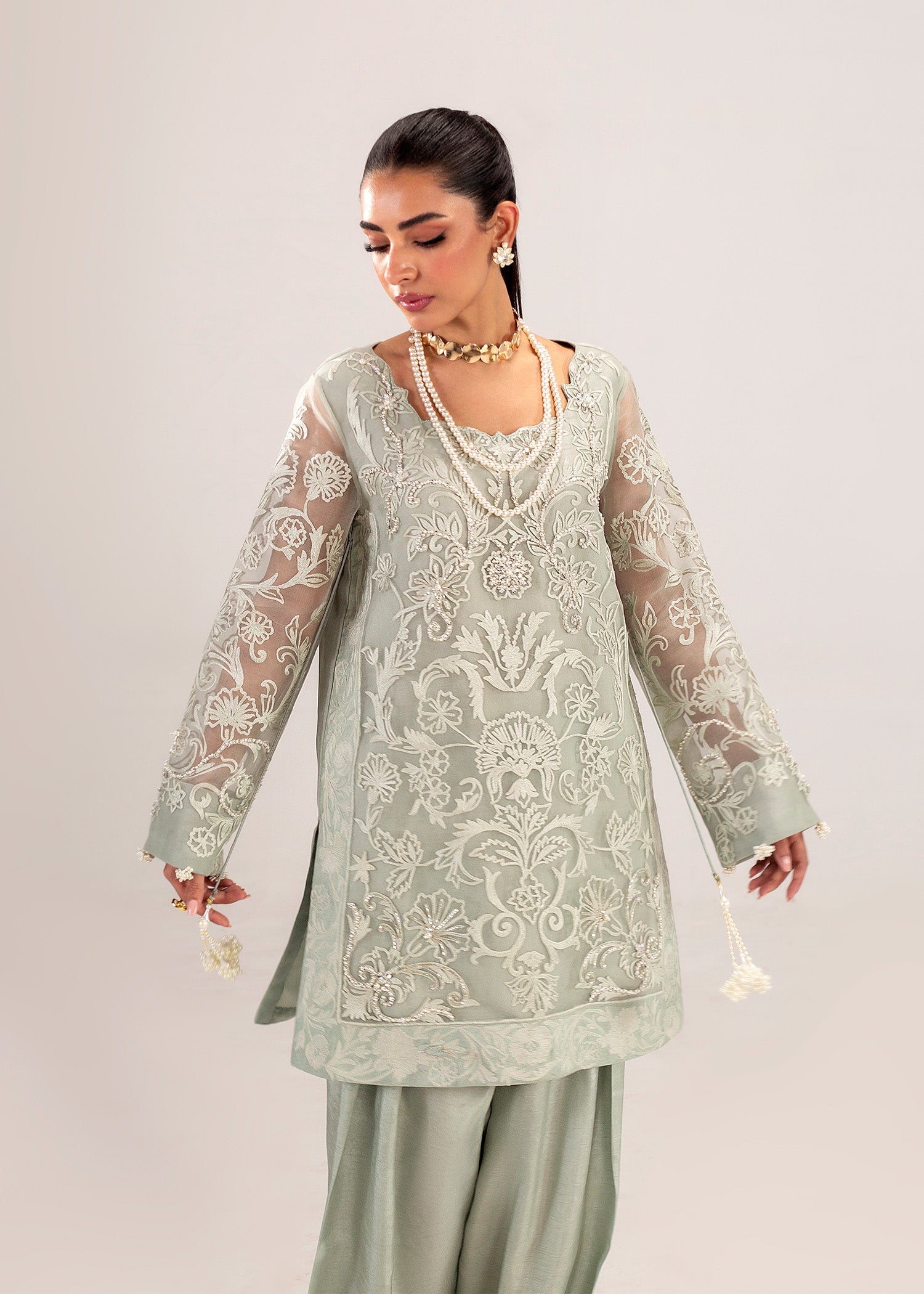 Sage Grey Embroidered Organza Kurta Set (3-Piece) - Image 8