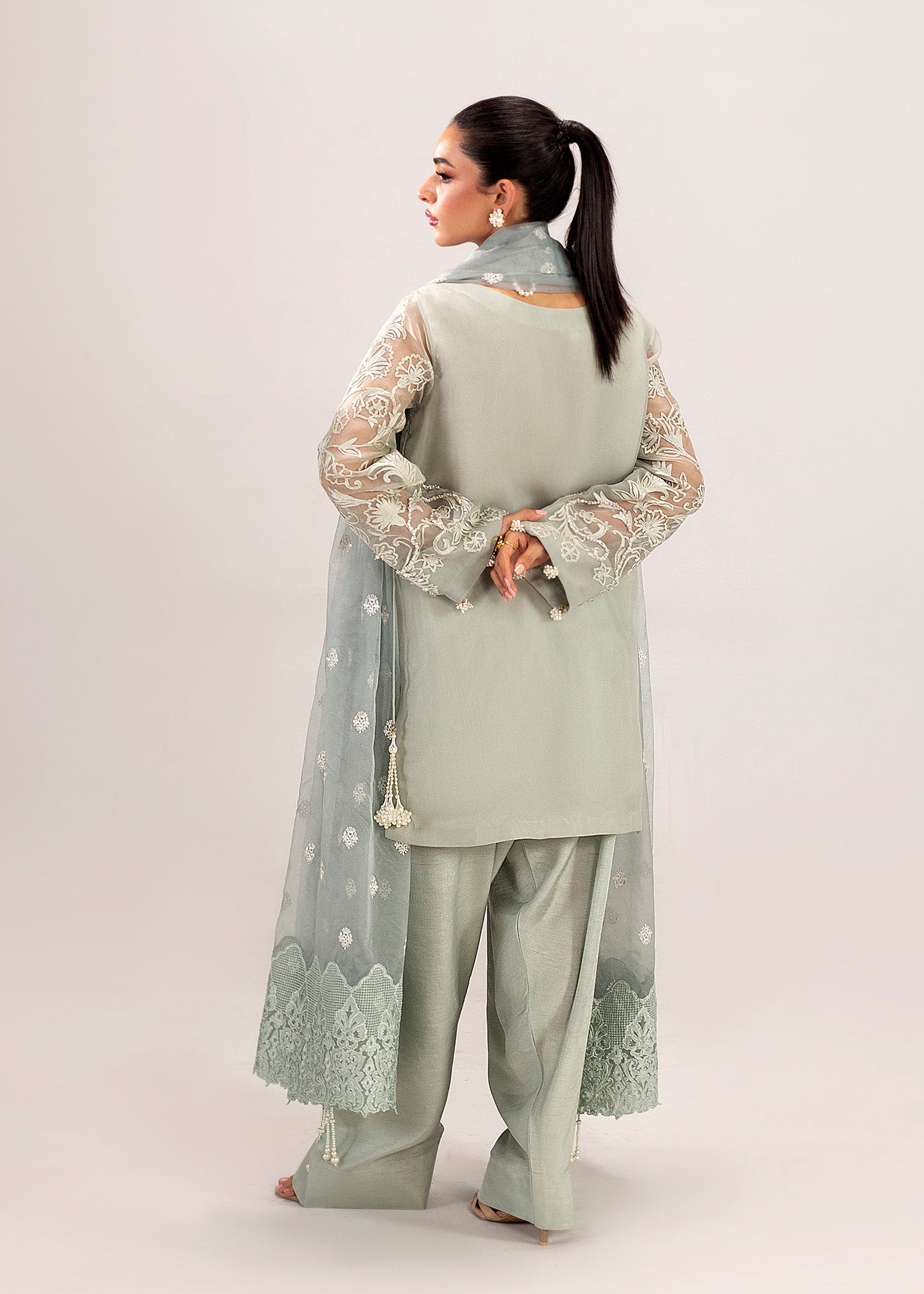 Sage Grey Embroidered Organza Kurta Set (3-Piece) - Image 9