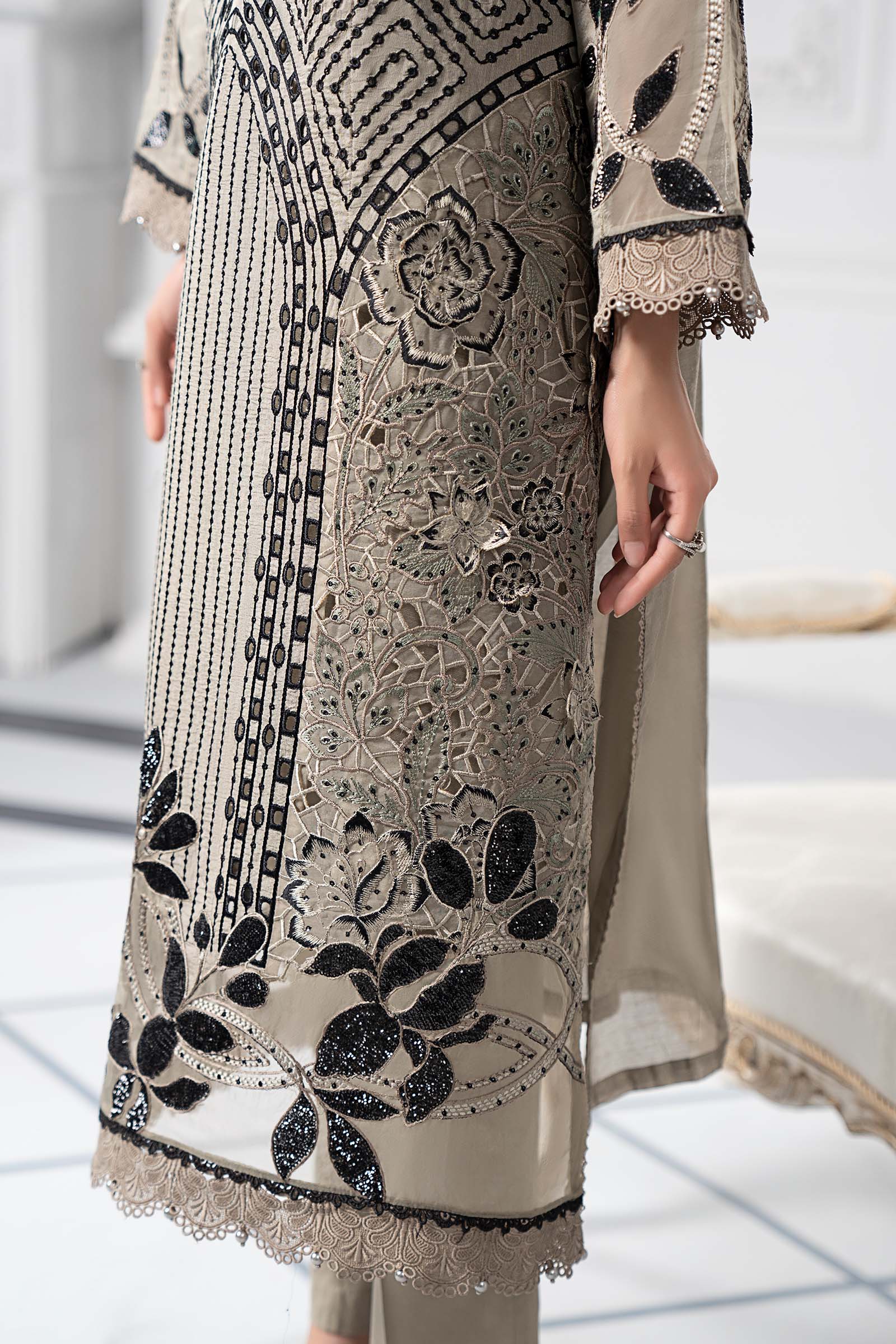 Pakistani Mouse Grey Embroidered Paper Cotton 3-Piece Suit - Image 3