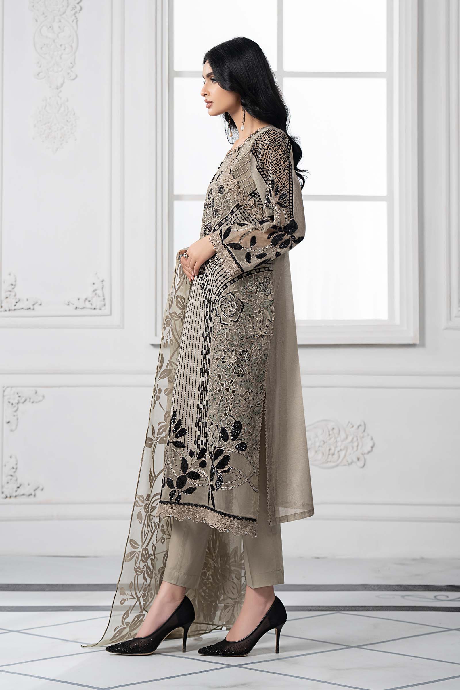 Pakistani Mouse Grey Embroidered Paper Cotton 3-Piece Suit - Image 4