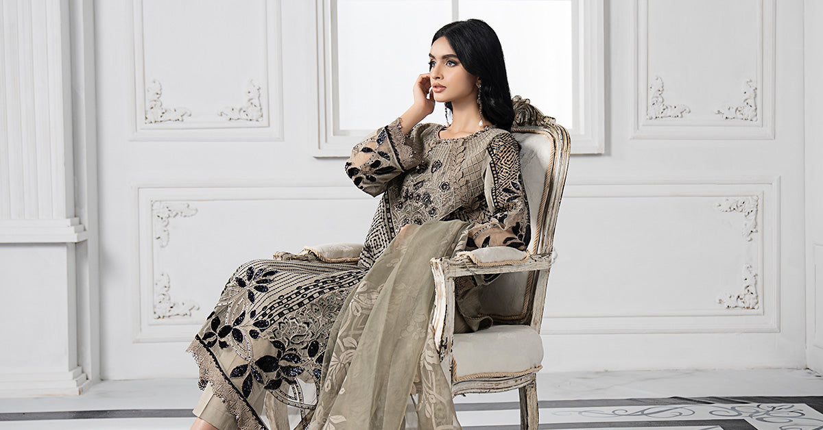 Pakistani Mouse Grey Embroidered Paper Cotton 3-Piece Suit - Image 6