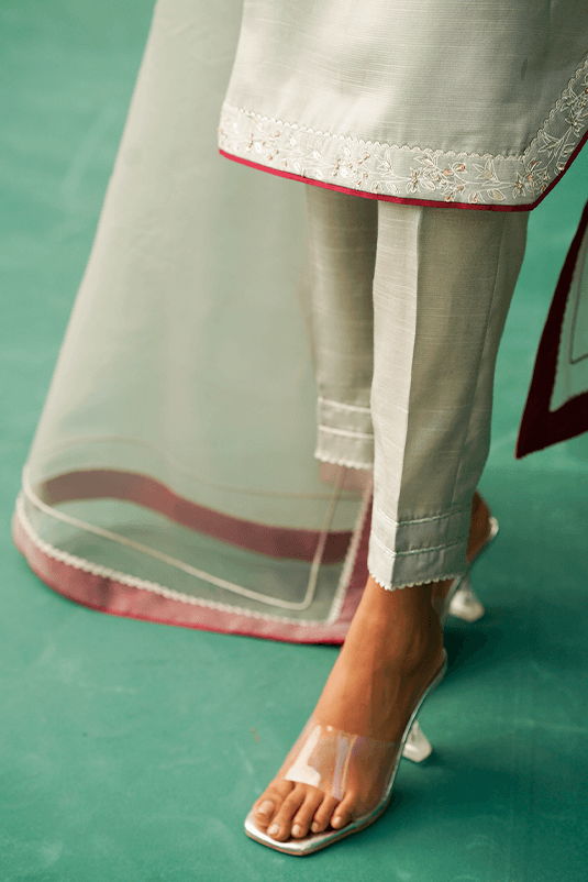 Pakistani Grey Embroidered PK Raw Silk Salwar Kameez (3-Piece) - Image 1